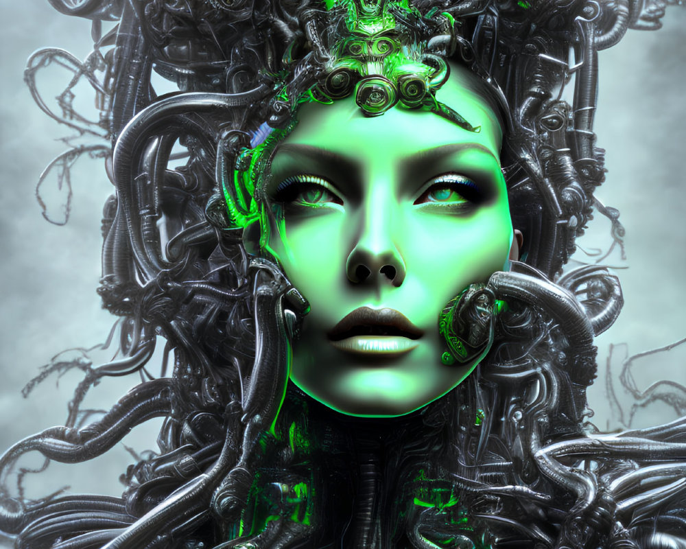 Futuristic Woman with Green Complexion and Alien-Like Robotic Headgear