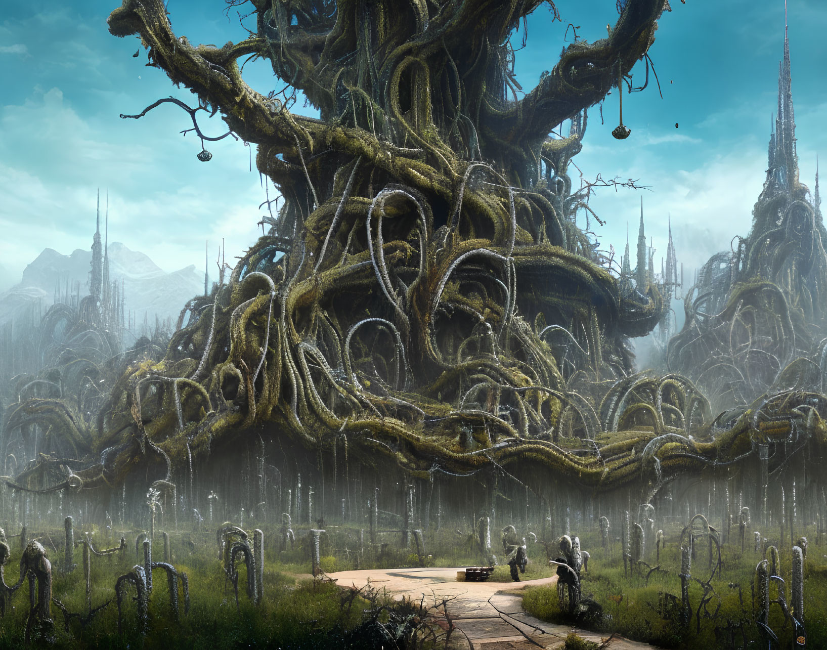 Majestic gnarled tree in mystical landscape with futuristic elements