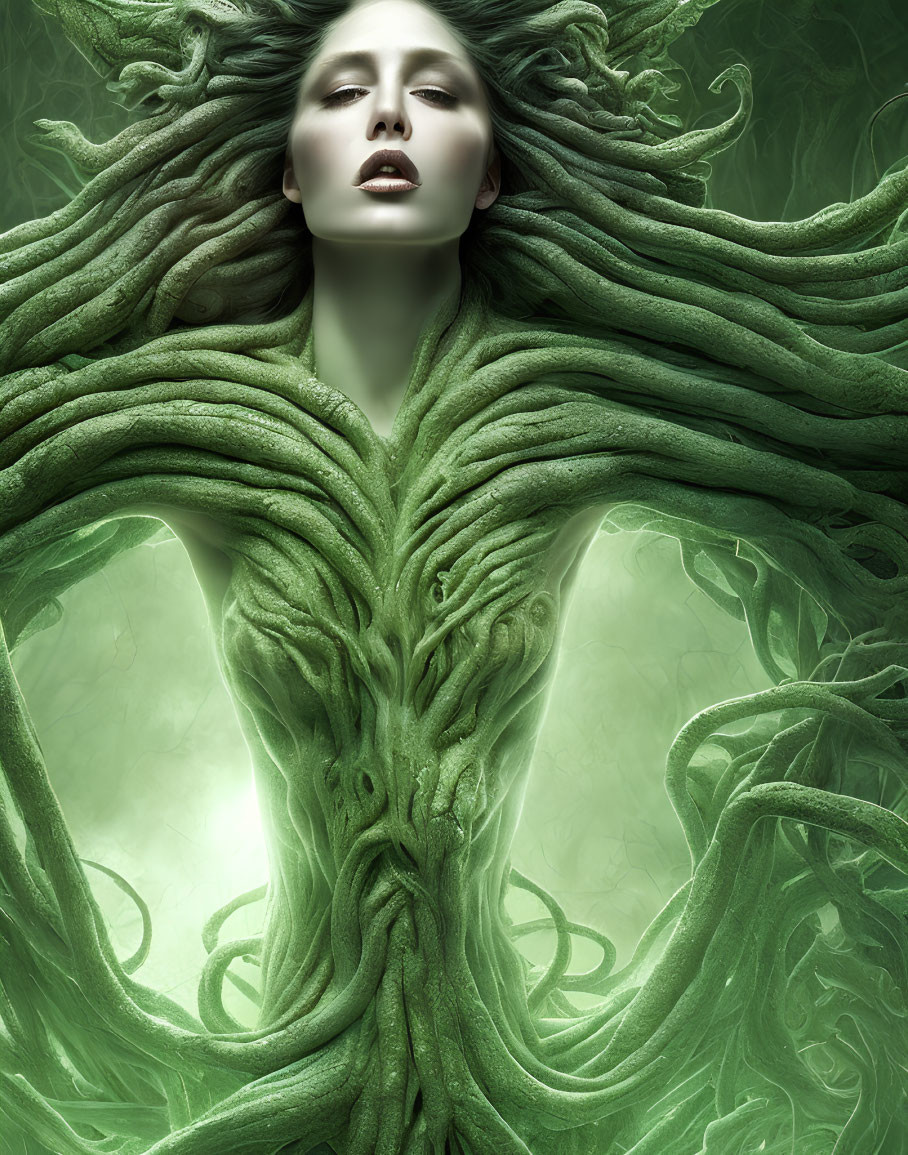 Fantastical artwork of woman merging with green tendrils