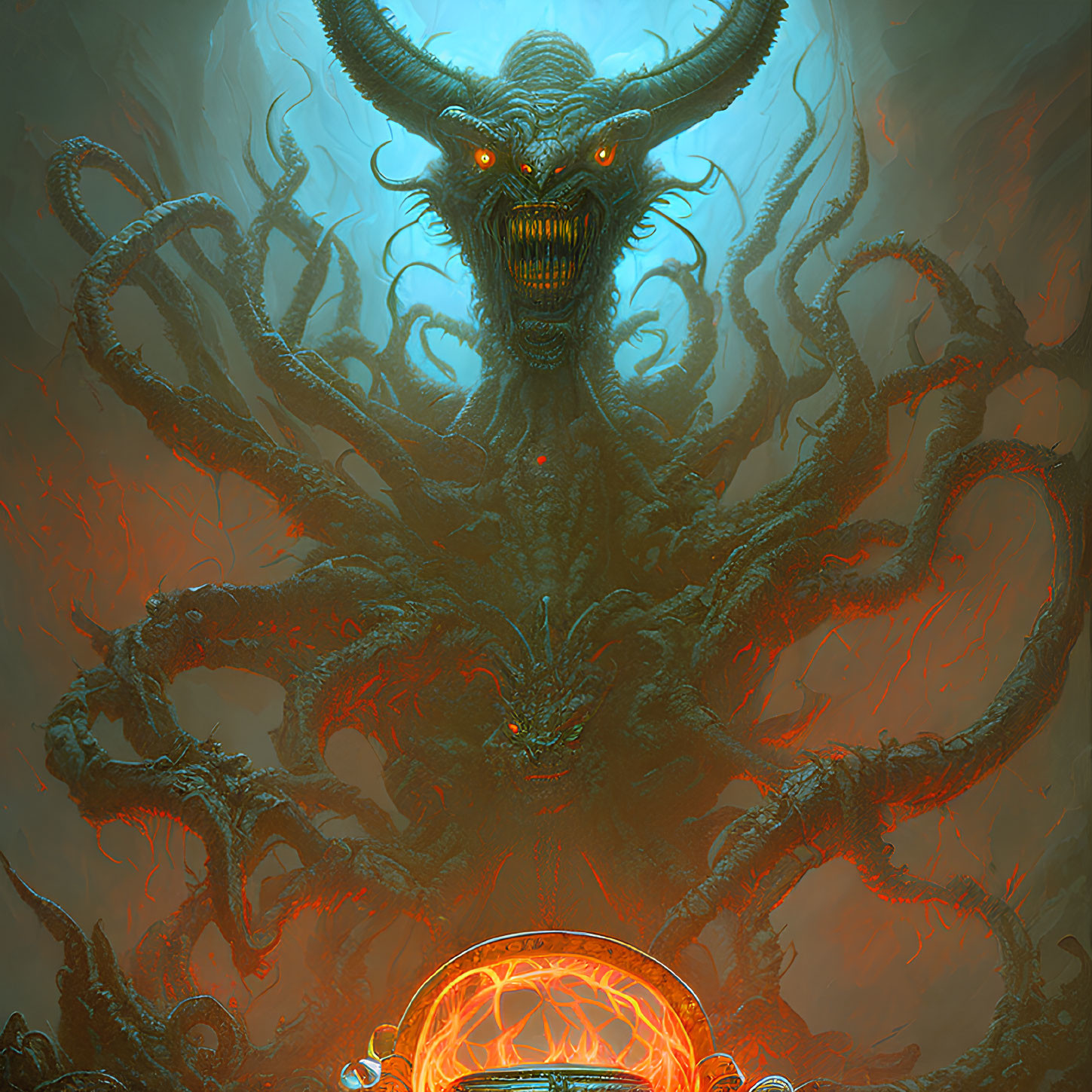 Mystical orb with glowing eyes and horns in fiery setting