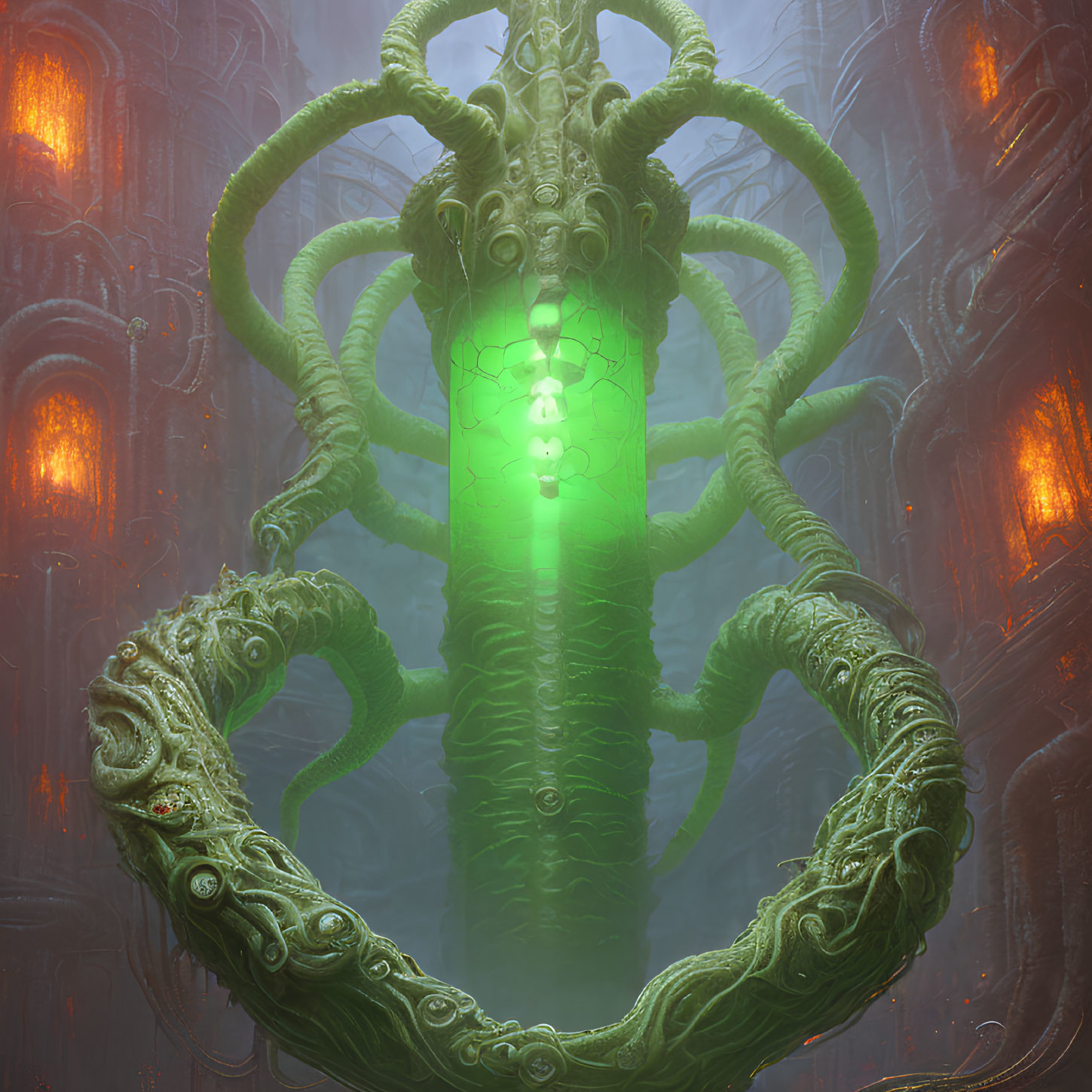 Glowing green tentacled creature in misty chamber with orange lights