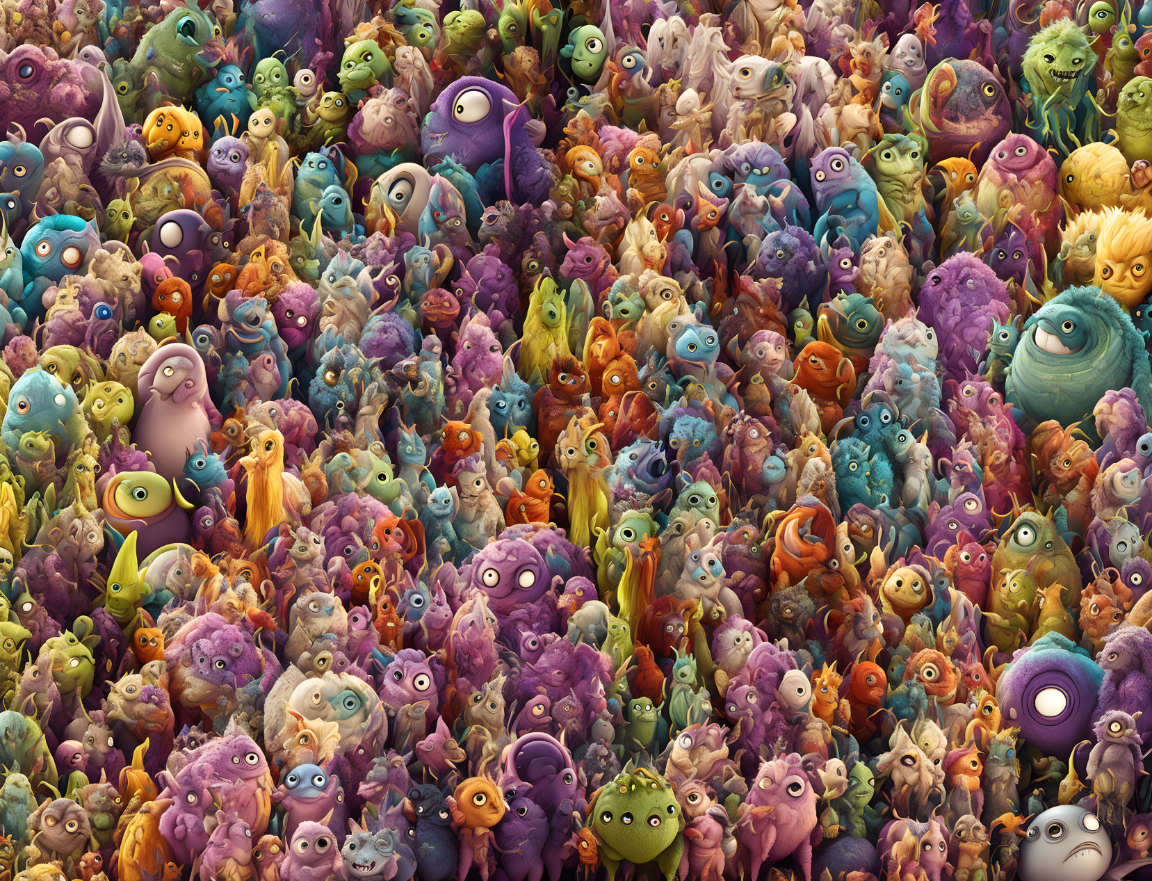 Colorful Cartoon Monsters with Various Expressions in Vibrant Crowd