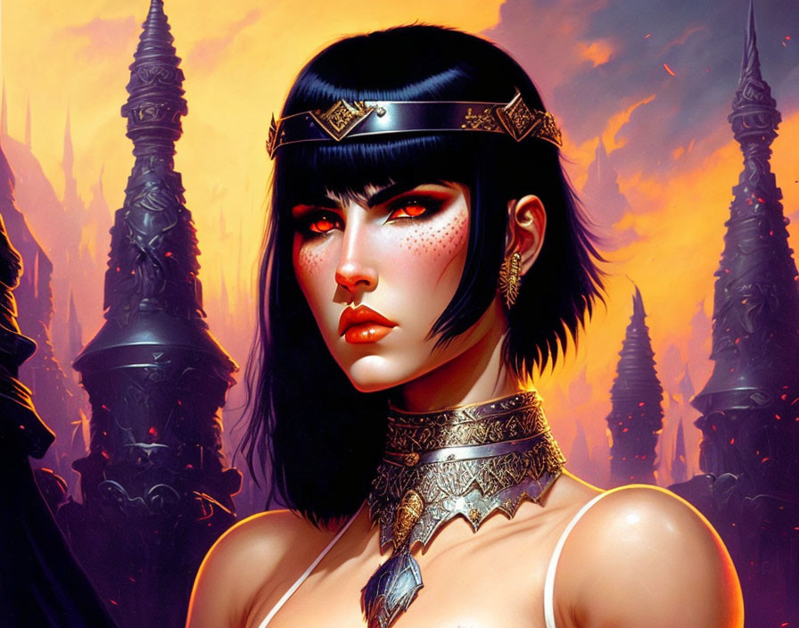 Black-Haired Woman with Egyptian-Style Makeup and Fiery Background Illustration