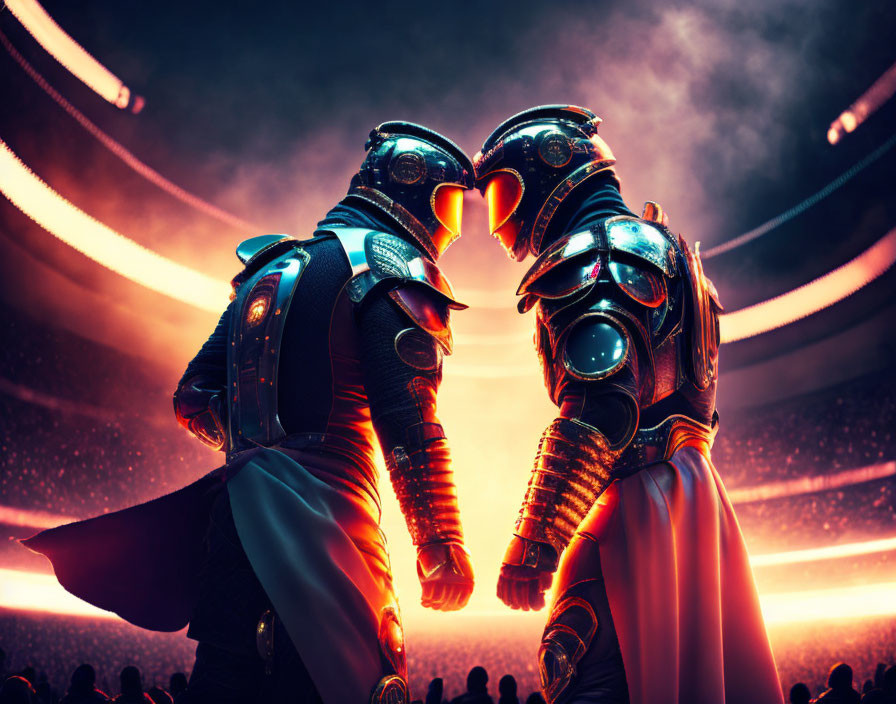 Futuristic knights with glowing orange visors in arena surrounded by cheering crowd