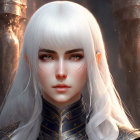 Digital art portrait of female character with white hair, red eyes, freckles, ornate armor