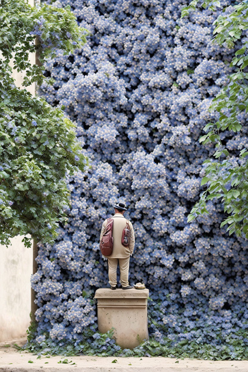 Person with backpack admiring blue hydrangea wall and green foliage