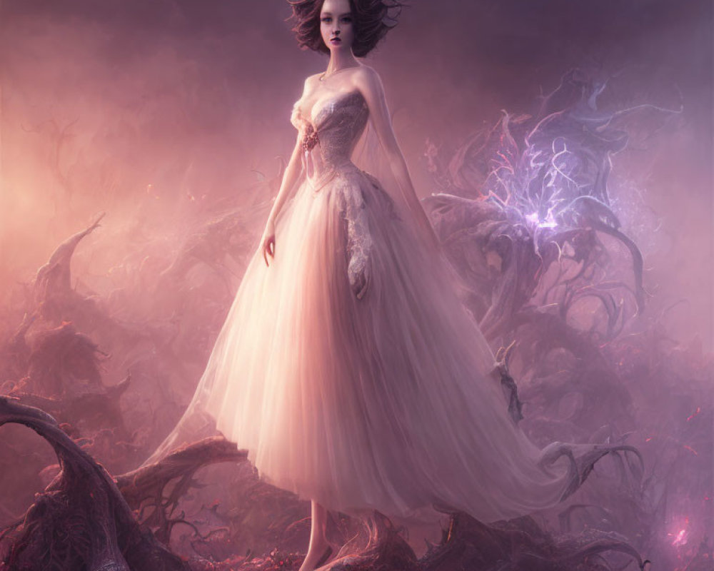 Mysterious woman in pink gown in dark, mystical forest