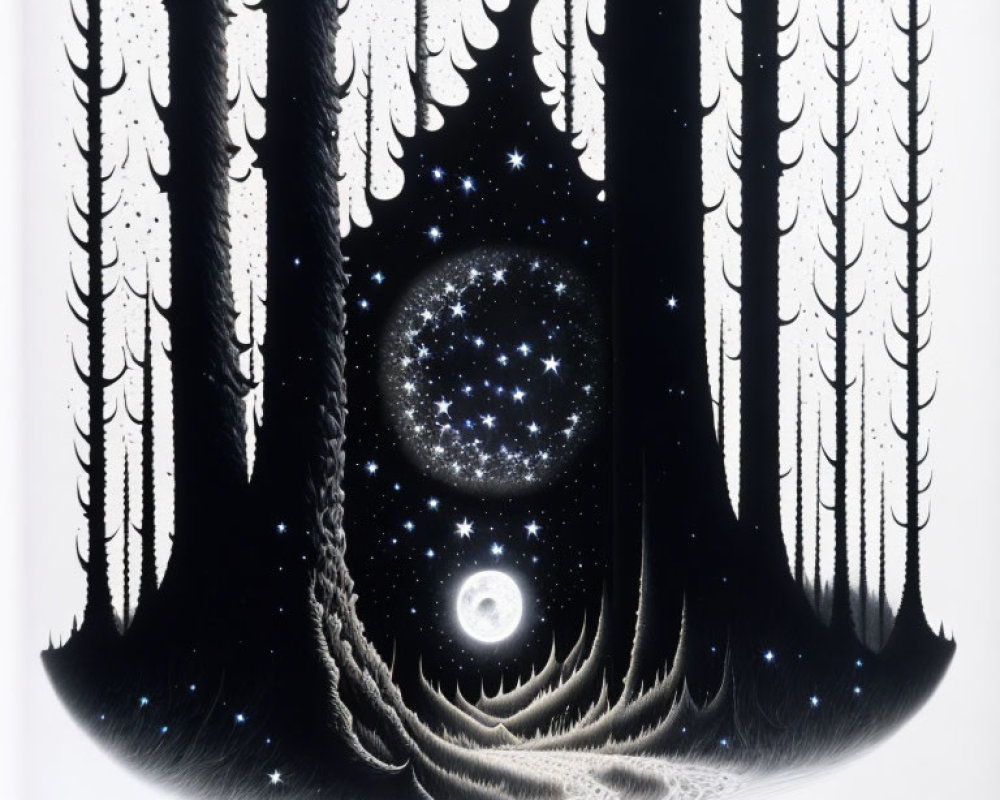 Monochrome artwork of starry night sky through tall trees