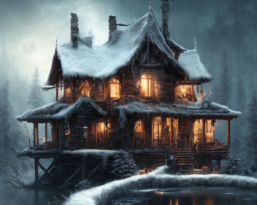 Rustic wooden house by frozen pond in wintry forest at twilight