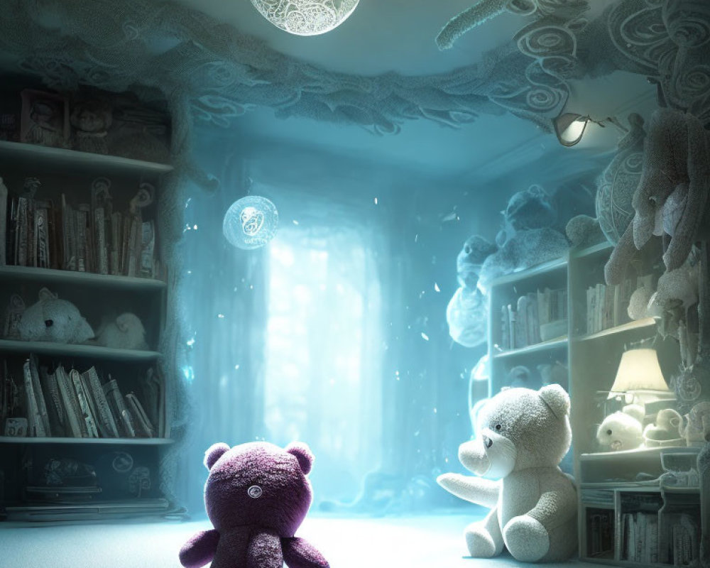 Enchanting Room with Teddy Bears, Toys, Moon, and Symbols