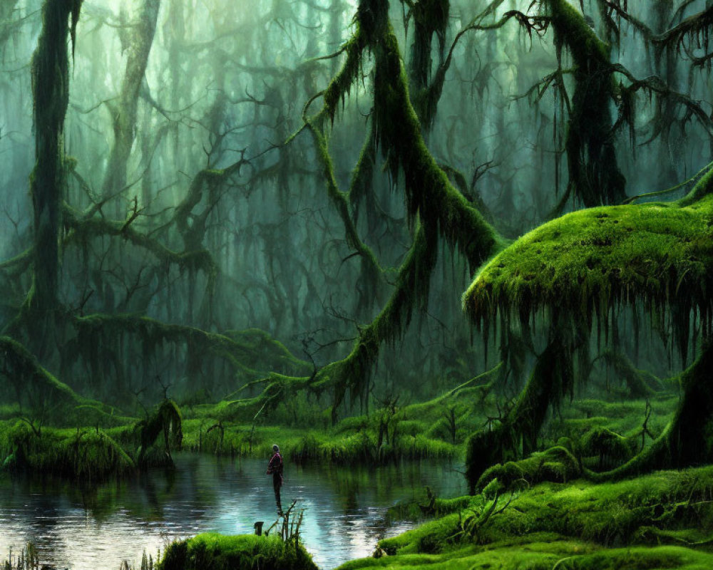 Serene swamp scene with mossy trees under misty green sky
