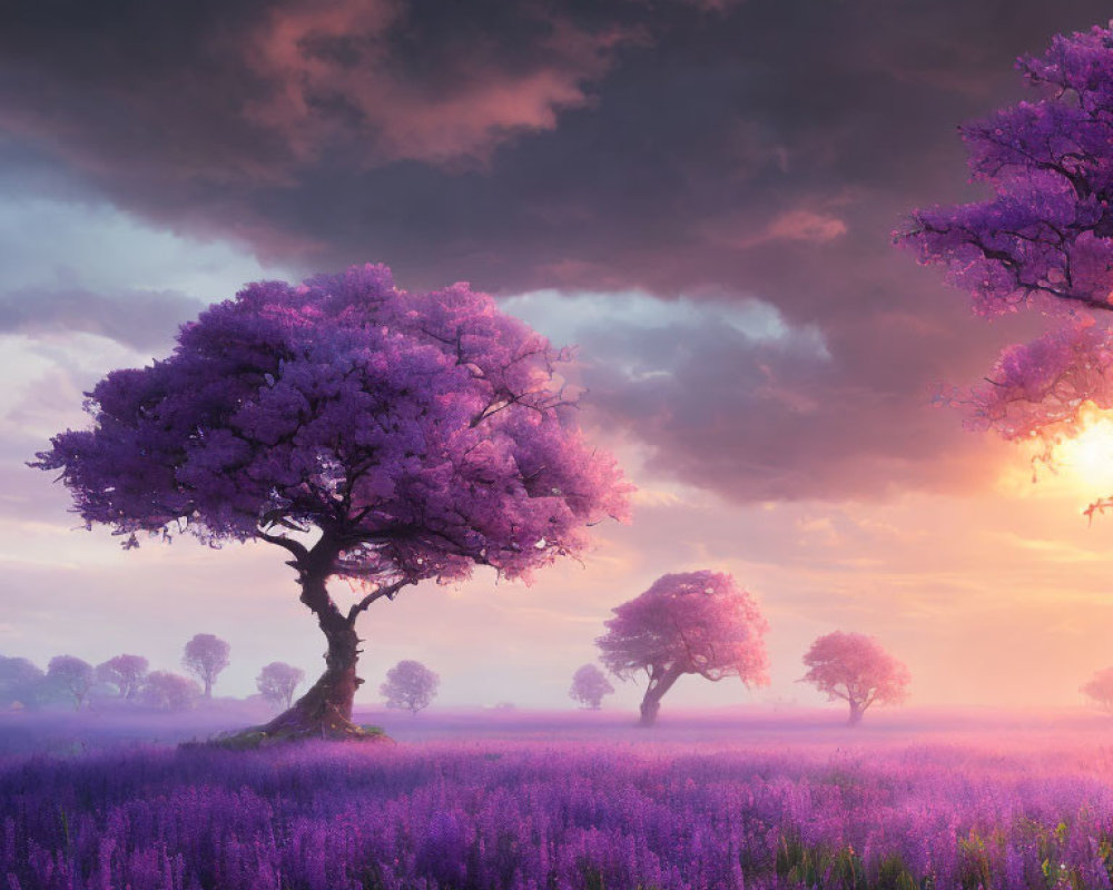Vibrant purple trees and lavender fields under dramatic sky