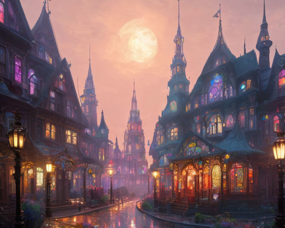 Fantastical cityscape at dusk with intricate illuminated buildings under a large moon in purple and orange sky