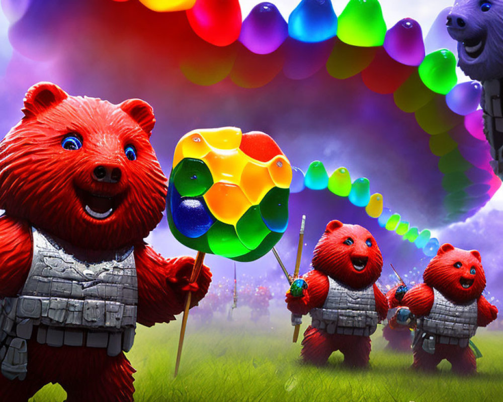 Vibrant 3D Bear Characters in Armor and Weapons in Colorful Landscape