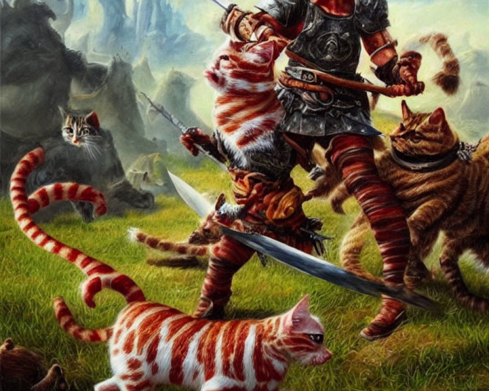Warrior in battle surrounded by fierce striped cats in grassy landscape