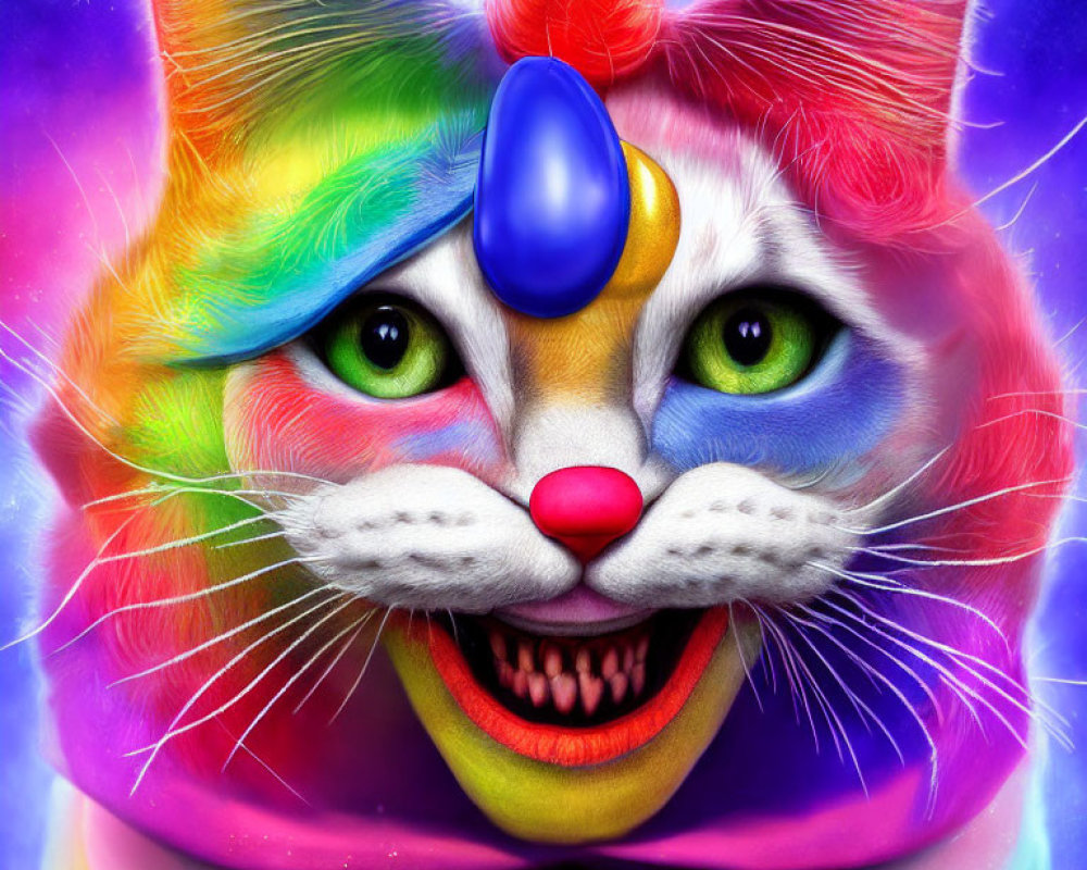 Whimsical multicolored cat with jester's hat on vibrant background