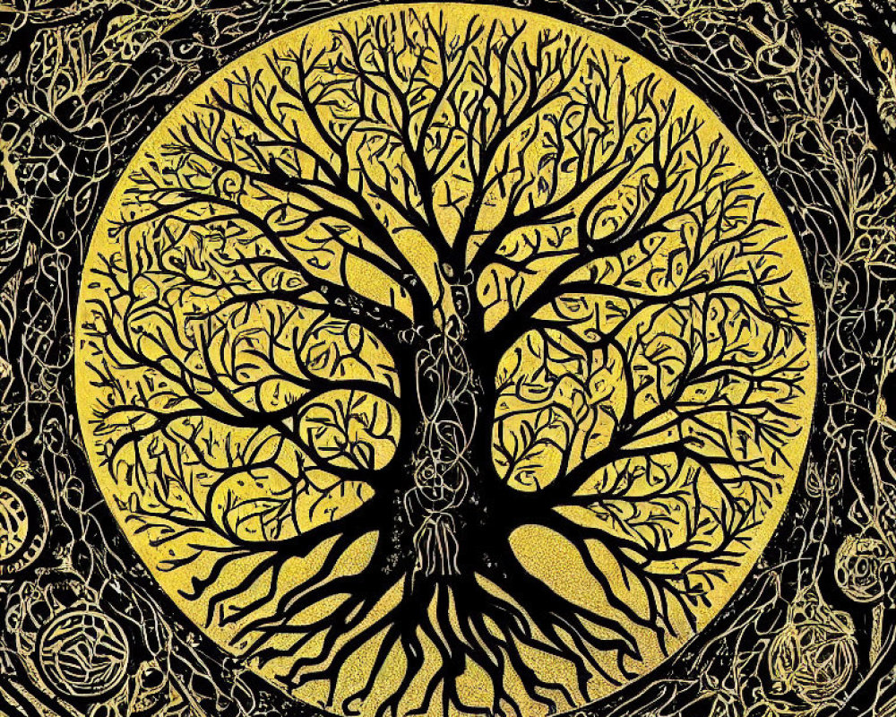 Detailed Tree of Life Illustration with Roots on Black Background