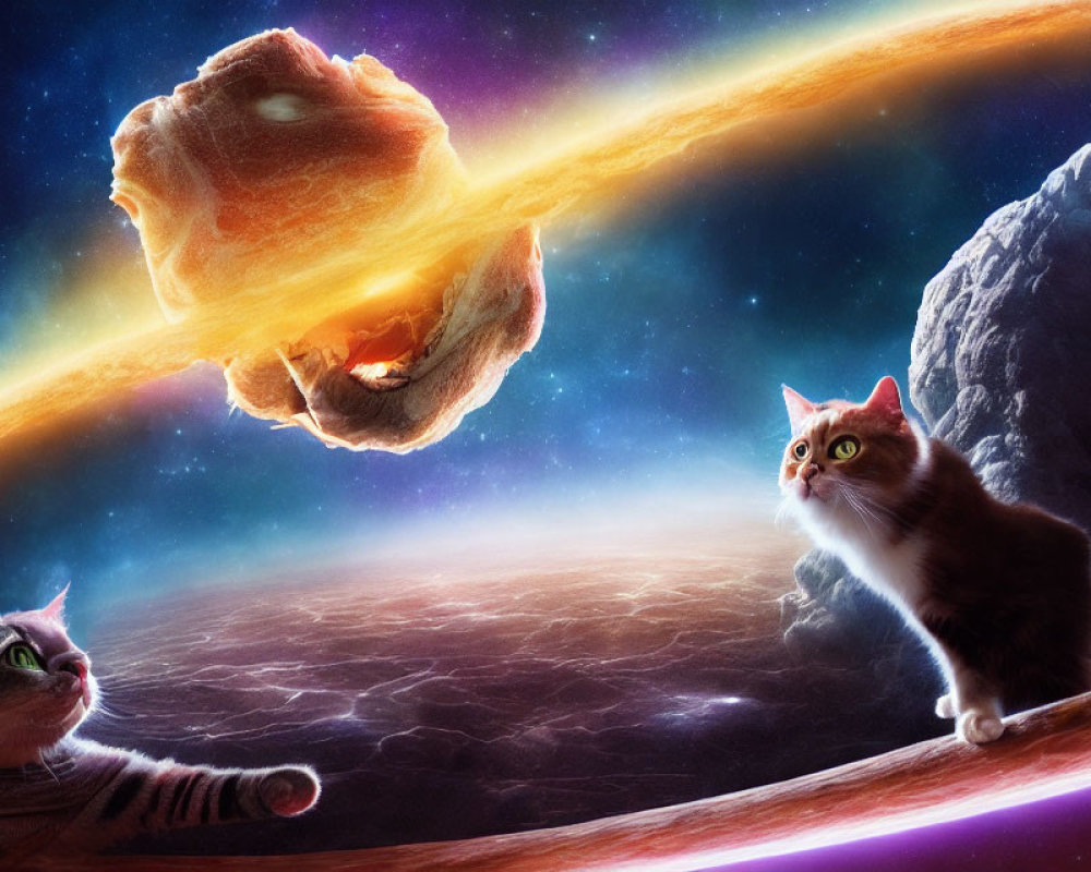 Two Cats on Celestial Body Watching Colorful Cosmic Scene