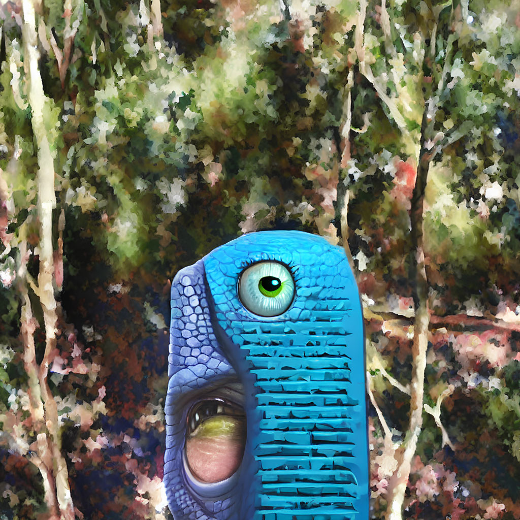 Vibrant blue creature with large green eye in colorful forest