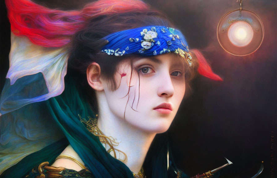 Ethereal portrait of a woman with blue eyes, red and blue hair, and pendant lamp.