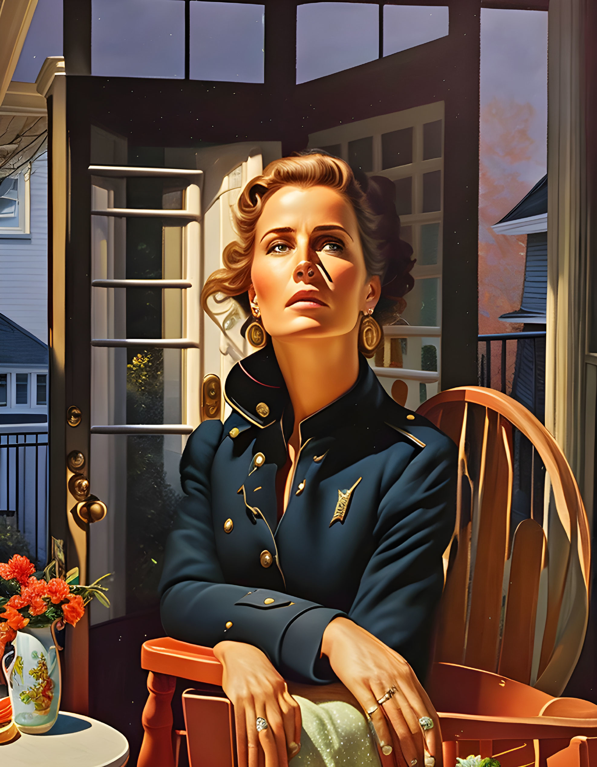 Vintage navy uniform woman sits pensively by door with suburban background.