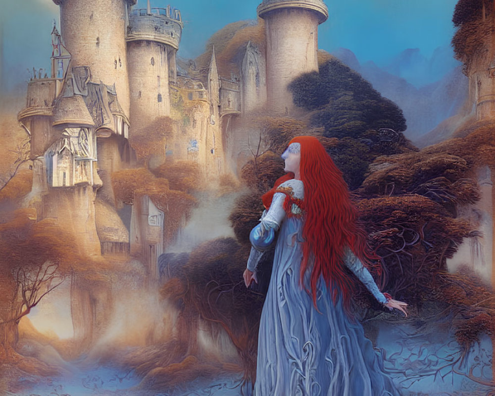 Red-haired woman in blue gown by enchanted castle at twilight