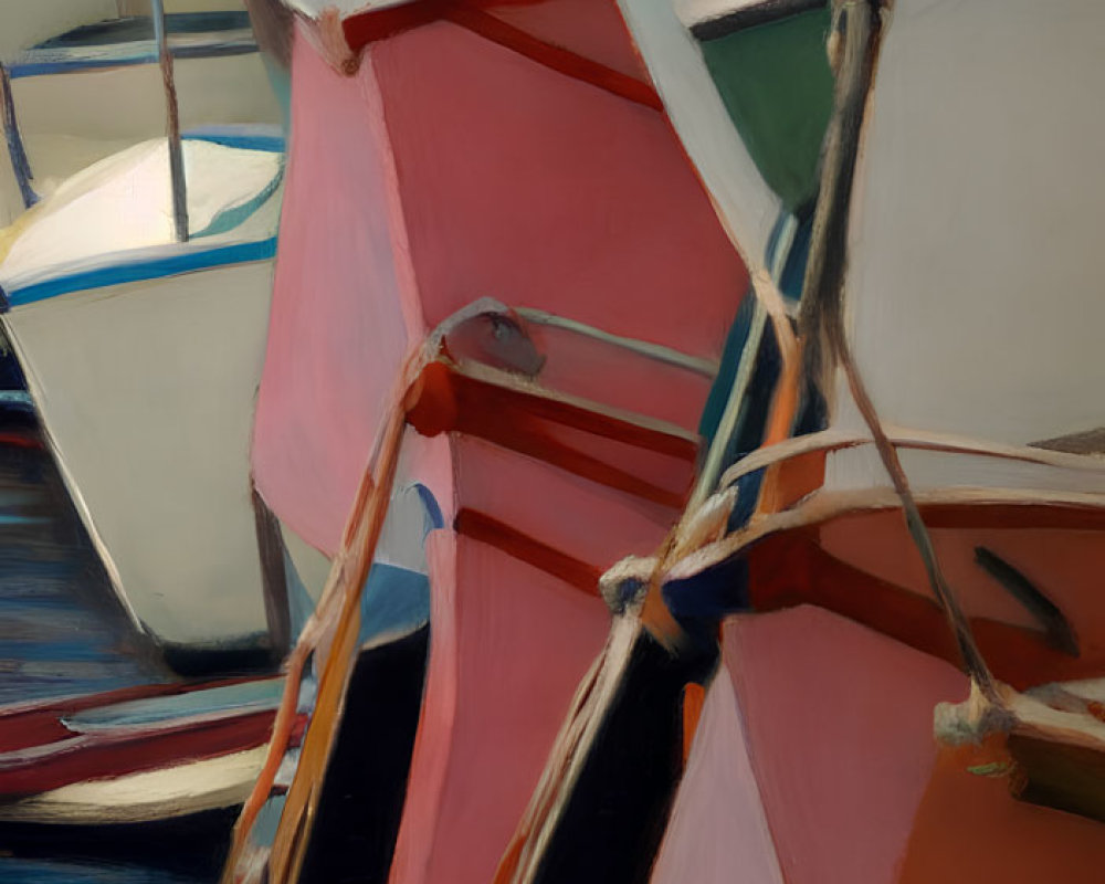 Vibrant realistic painting of colorful boats at dock