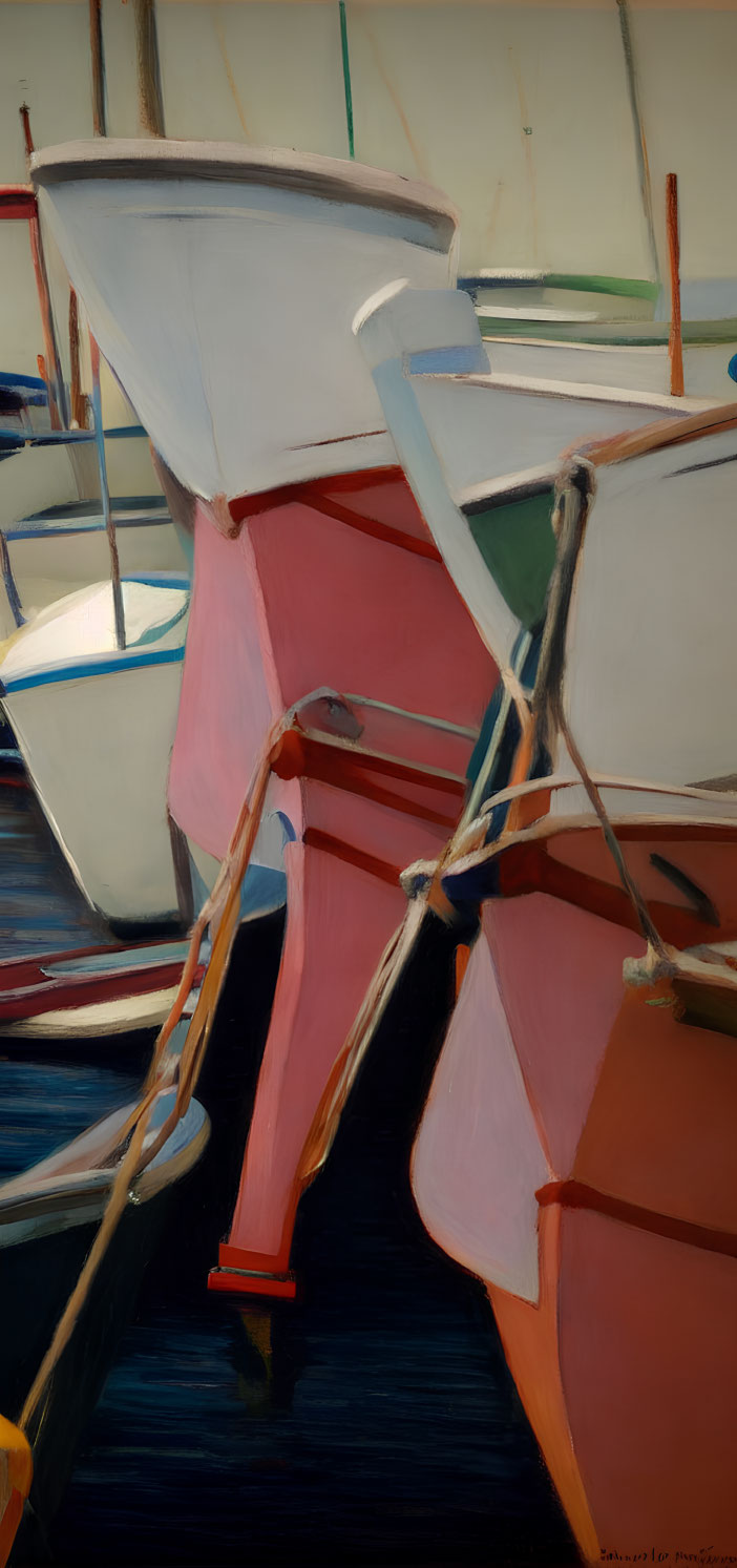 Vibrant realistic painting of colorful boats at dock
