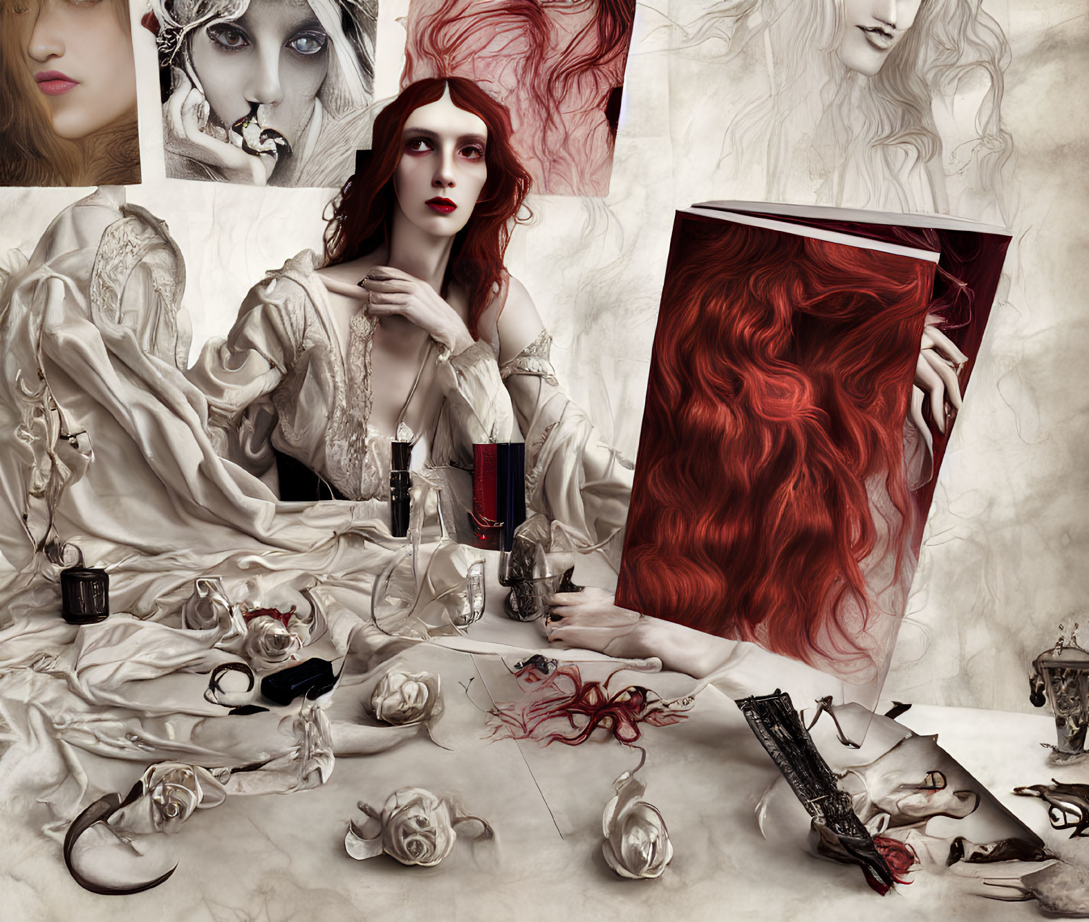 Surreal illustration of woman with red hair and pale skin surrounded by roses, keys, and ornaments