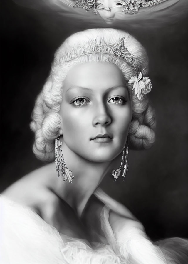 Monochromatic portrait of a person with baroque-inspired hair and attire