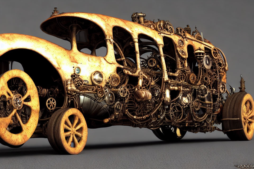 Rusted steampunk-style car with intricate gears and mechanical parts
