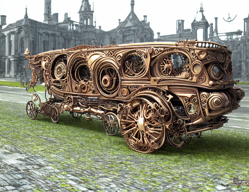 Steampunk-inspired Train Carriage with Bronze Gears and Mechanical Details