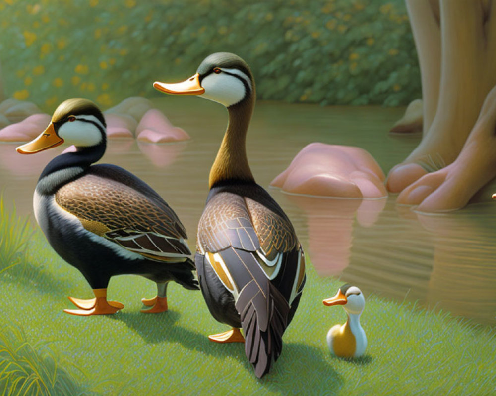 Illustrated ducks and duckling by serene pond with trees and heron
