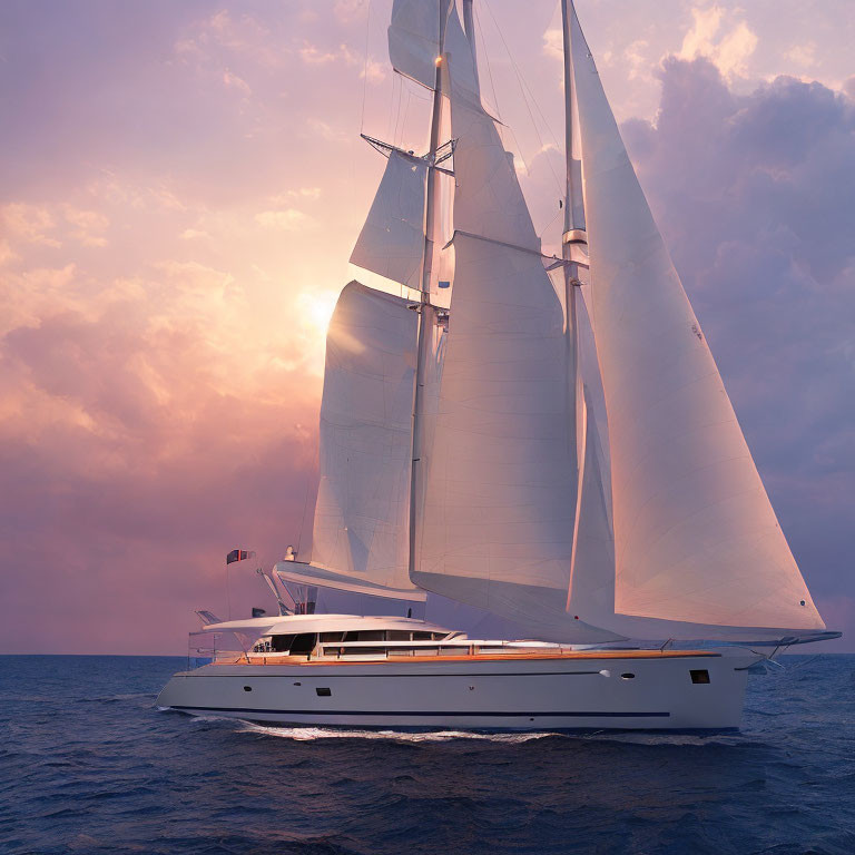 Luxurious sailing yacht on calm waters at sunset