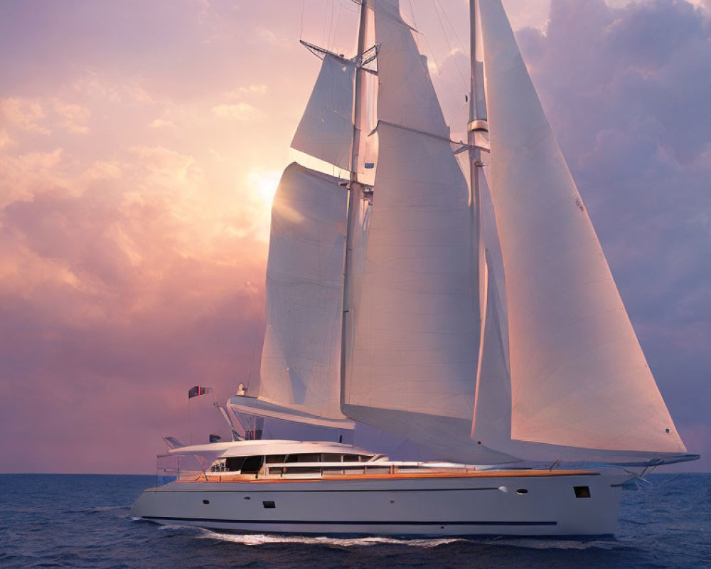Luxurious sailing yacht on calm waters at sunset
