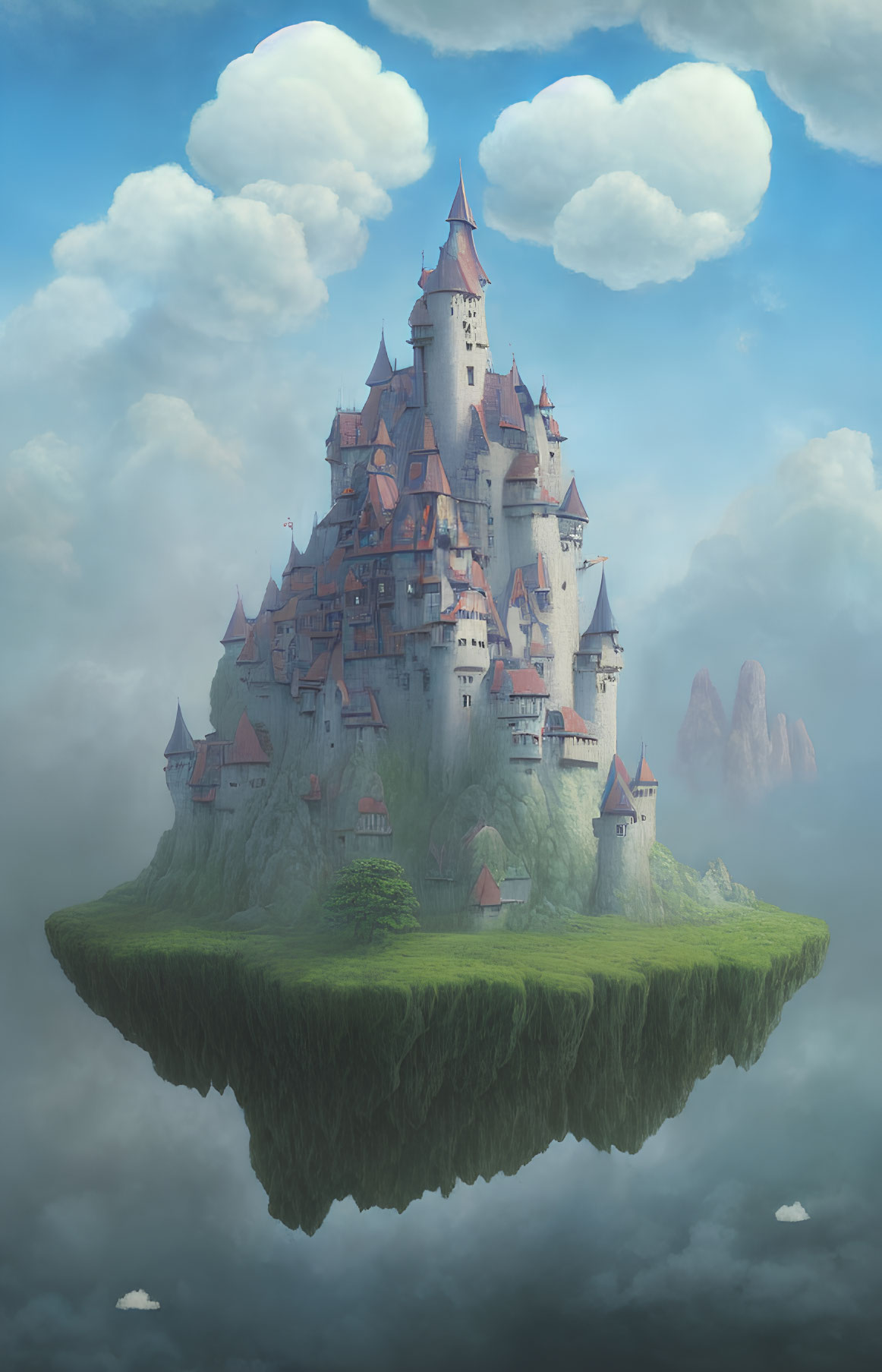 Majestic castle on floating island in clear blue sky