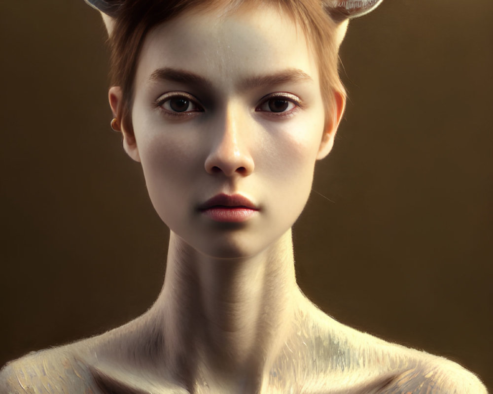 Digital artwork: Young female with deer antlers and fawn-like features on brown background