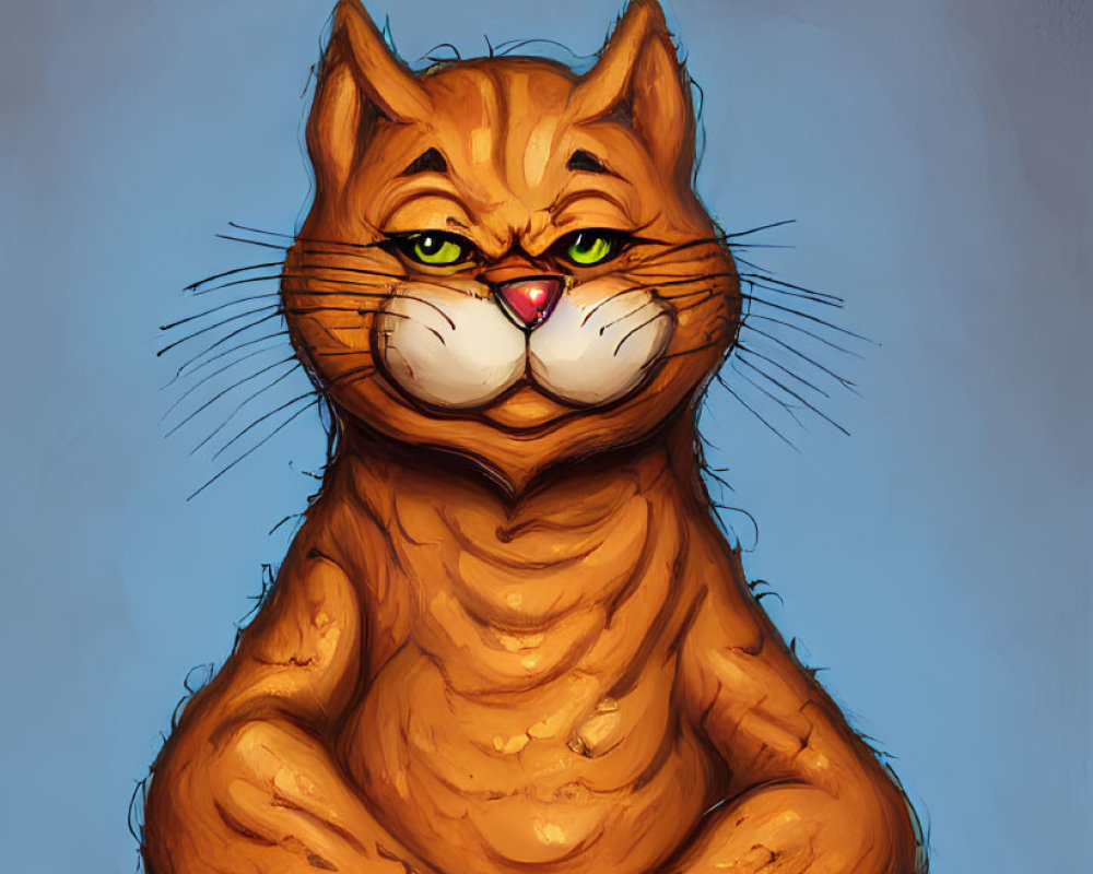 Illustrated ginger cat with smug expression on blue background
