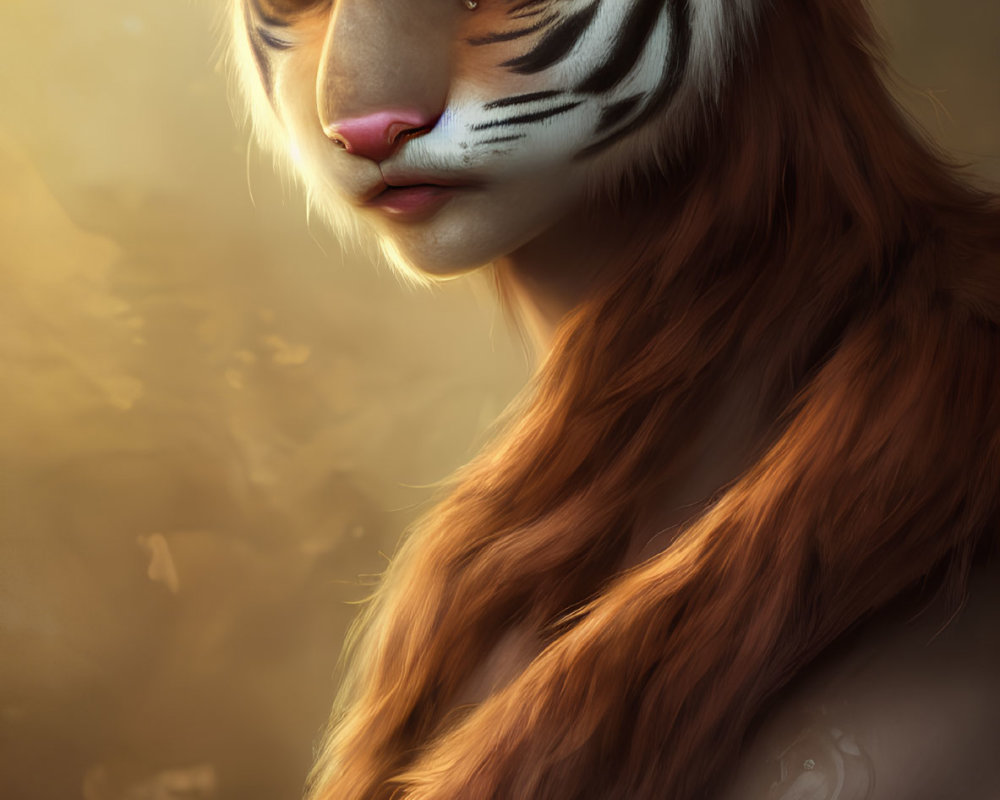 Digital art portrait of humanoid figure with tiger features against warm background