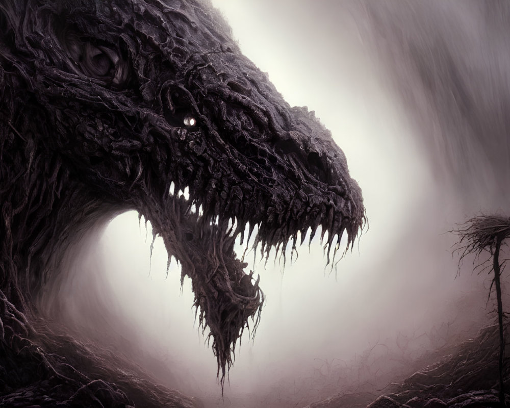 Giant dragon head in mist with glowing eyes and dead tree landscape