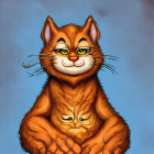 Illustrated ginger cat with smug expression on blue background