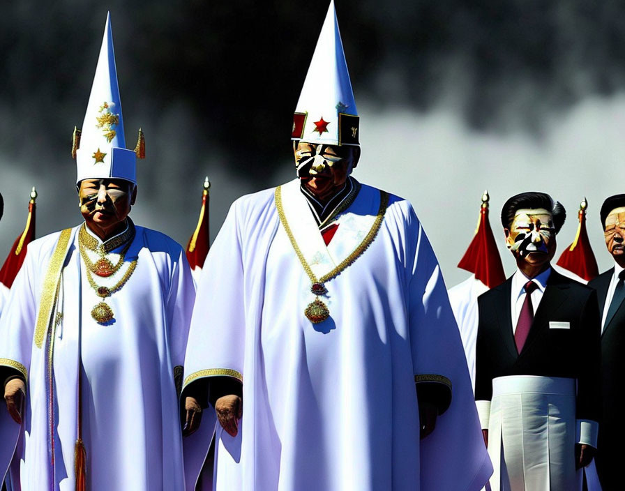 Ceremonial white uniforms with capes and hats, including sabers, in solemn pose