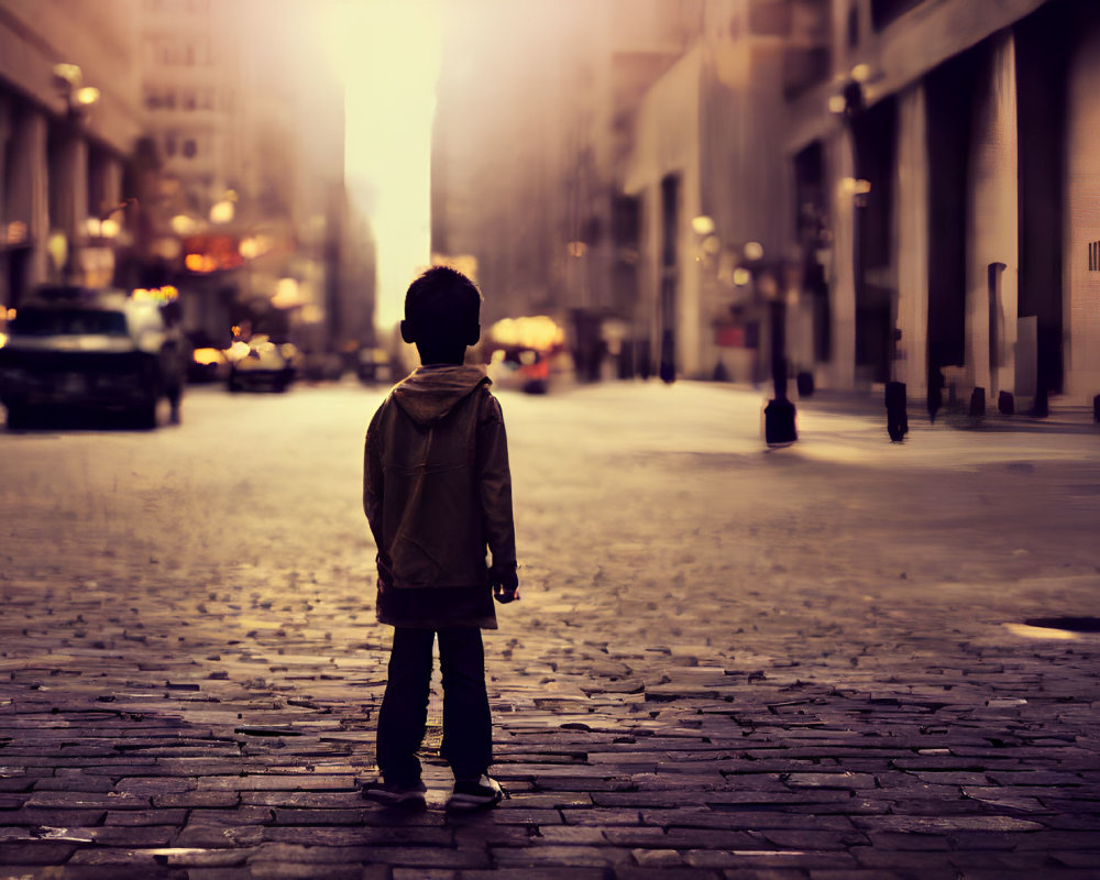 Child in quiet city street at sunset with buildings and cars in the warm glow