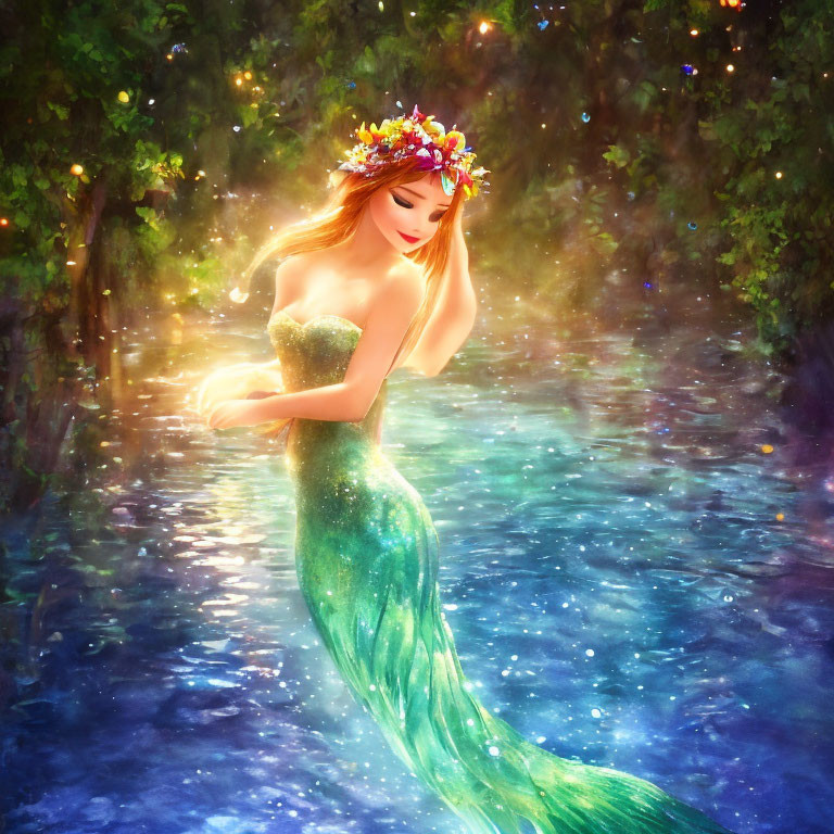 Mermaid with Green Tail and Floral Crown in Sunlit Forest Pond
