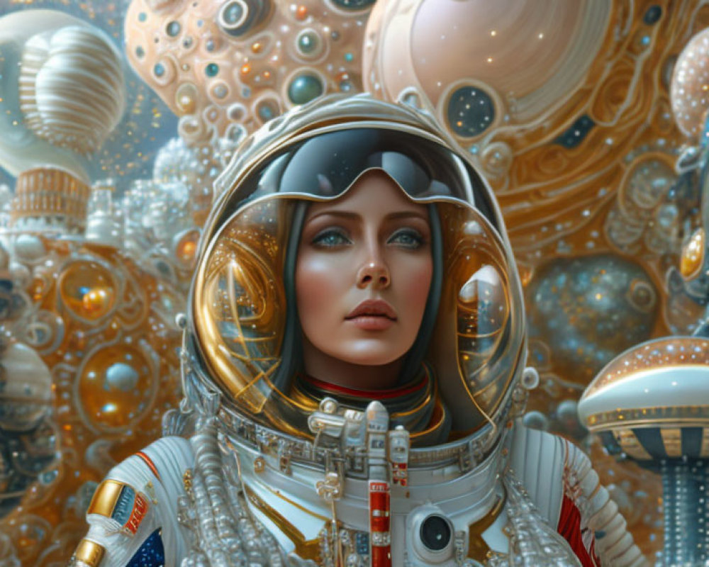 Female astronaut with reflective helmet visor in front of golden sci-fi structures.