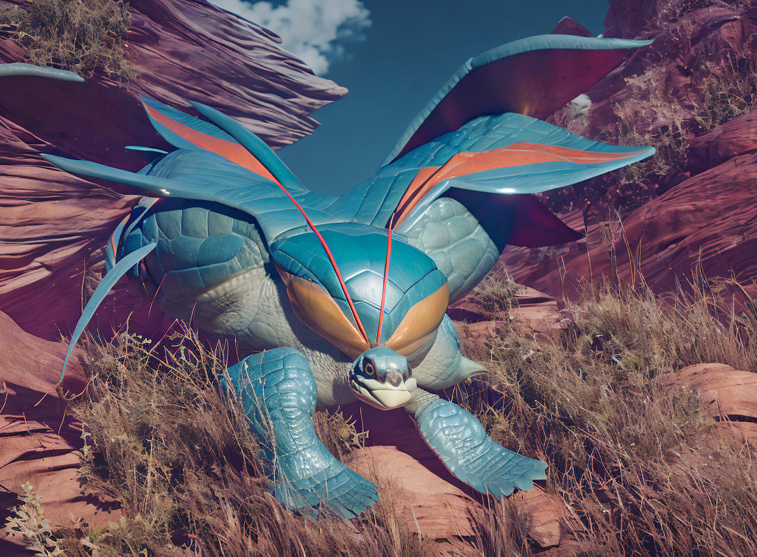 Fantastical winged turtle digital art in vibrant blue and orange hues