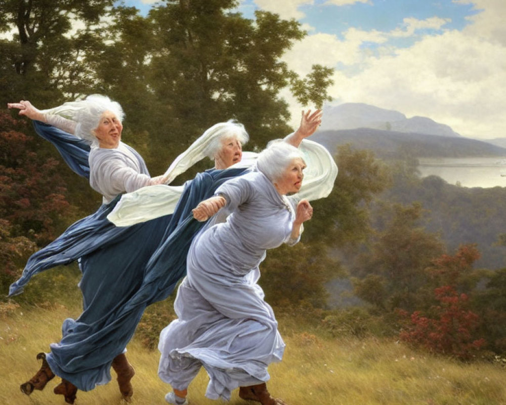 Elderly Women Dancing in Traditional Dress Outdoors