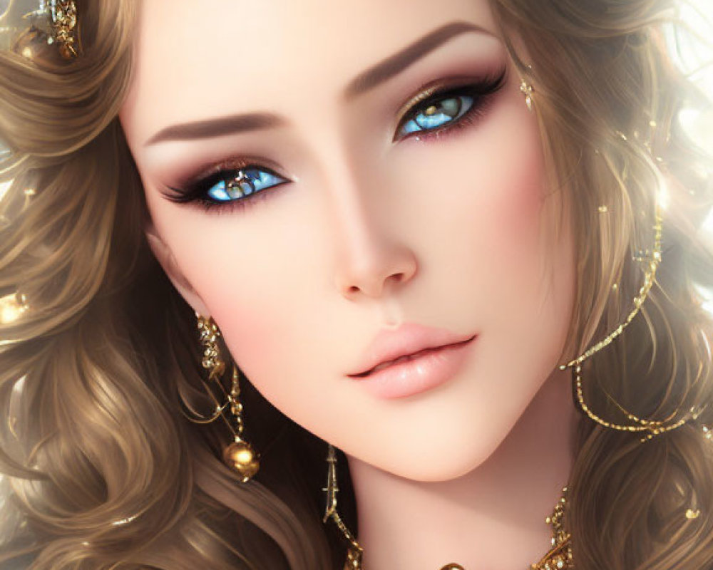 Digital Artwork: Woman with Detailed Blue Eyes and Wavy Brown Hair