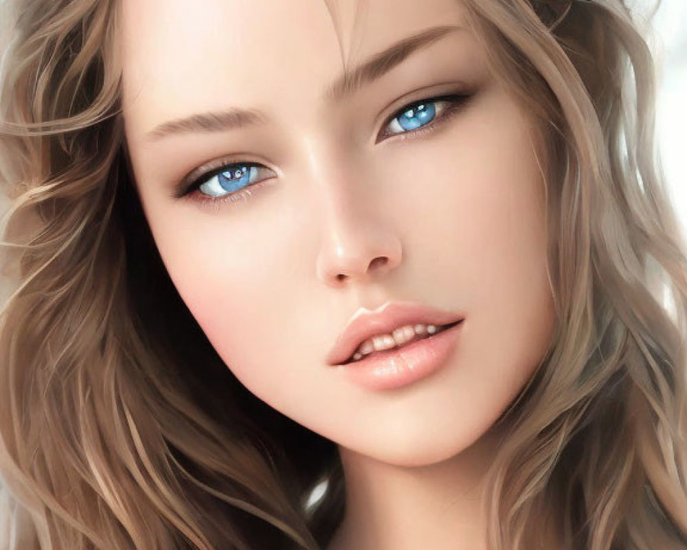 Detailed digital portrait of a young woman with wavy brown hair and blue eyes
