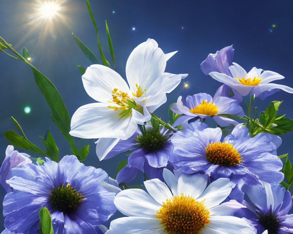 Bright blue and white flowers under radiant sun in blue sky